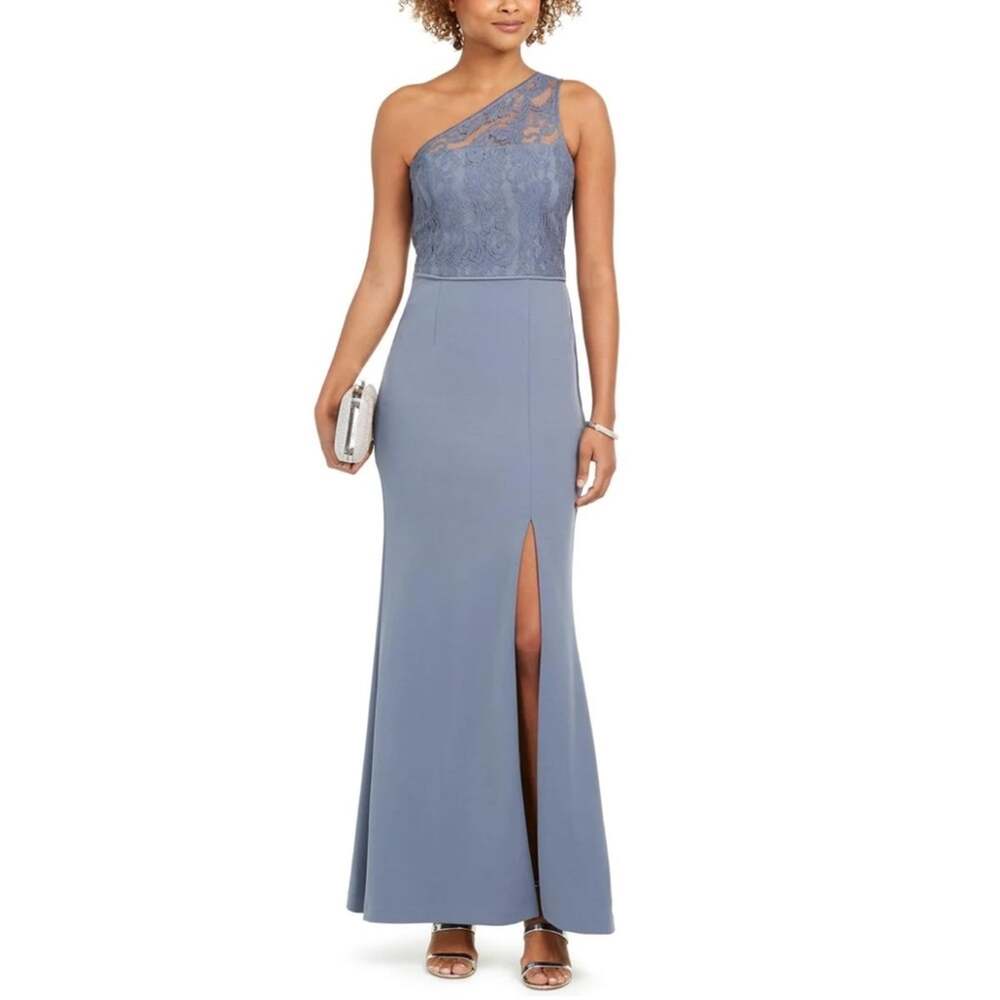 NWT Adrianna Papell One Shoulder Lace Crepe Gown Dusty Blue Women’s Size 8